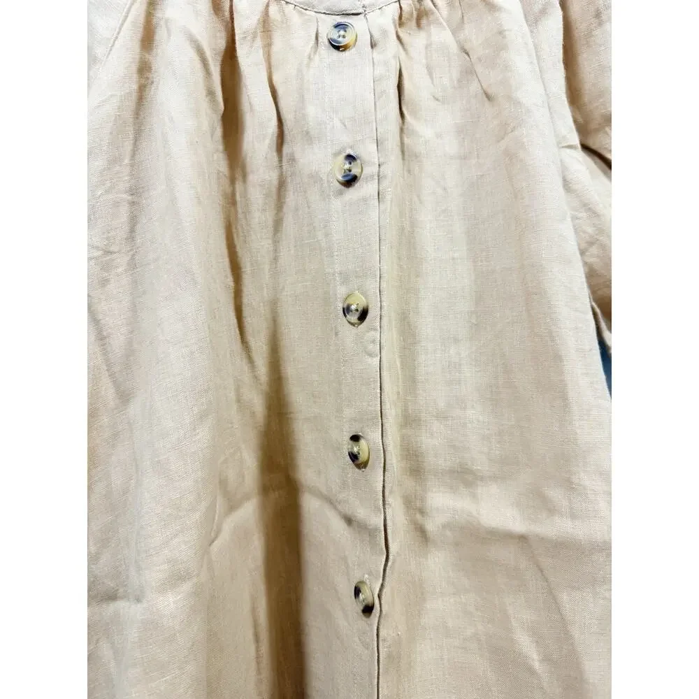 LIVRO Camel 100% Linen Round Neck Button Front Puff Sleeve Shift Dress size XS